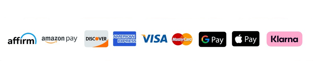 Logos of various payment methods displayed in a row: Affirm, Amazon Pay, Discover, American Express, Visa, MasterCard, Google Pay, Apple Pay, and Klarna, each in distinct colors and styles.