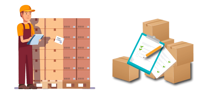 Illustration of a worker in a cap and overalls checking a large stack of cardboard boxes on pallets with a clipboard. Nearby, low stock inventory is flagged with identifier stickers, while another clipboard shows checkmarks against dwindling items.