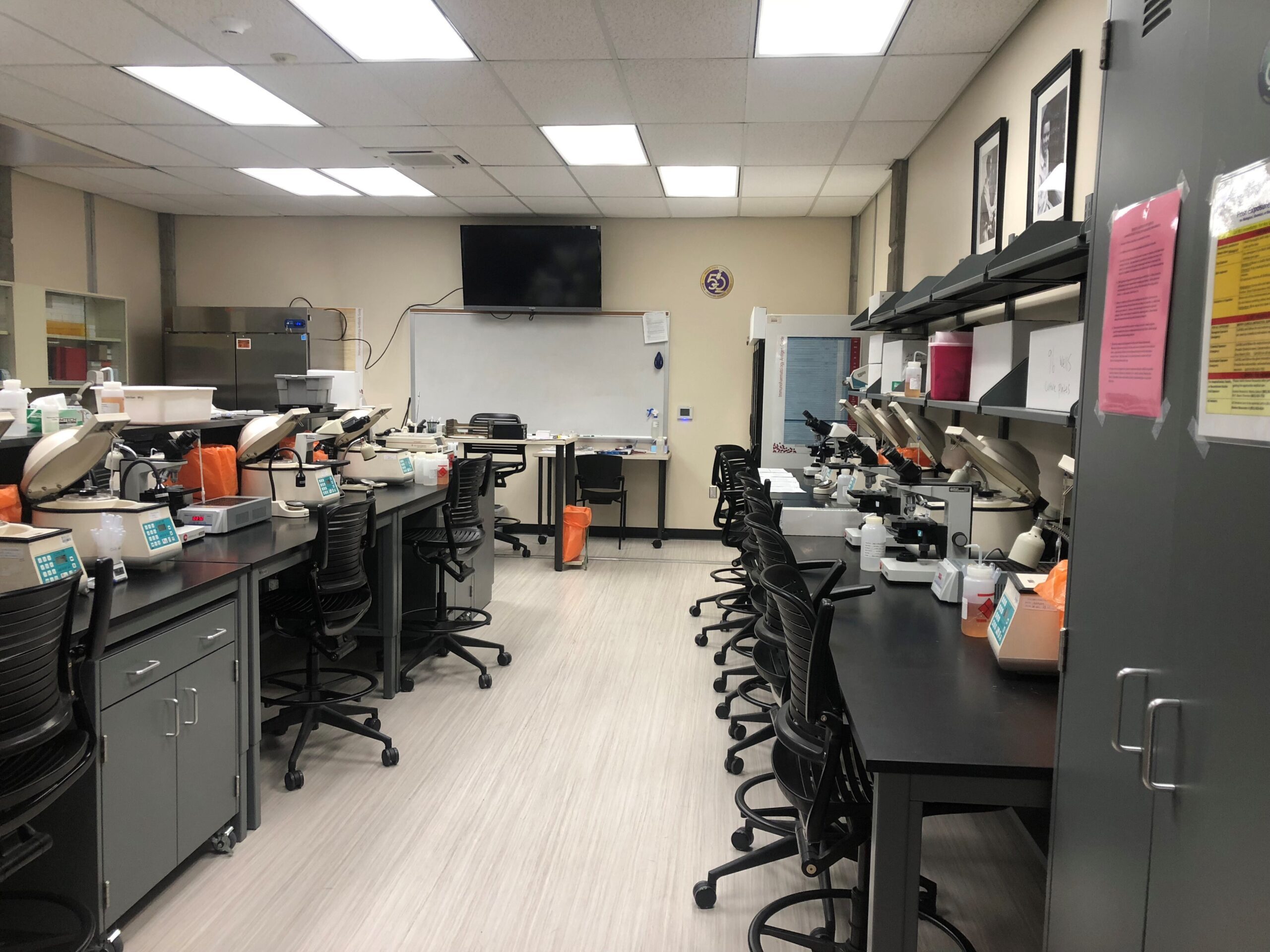 Classroom laboratory at Weber State University with student benches and casework