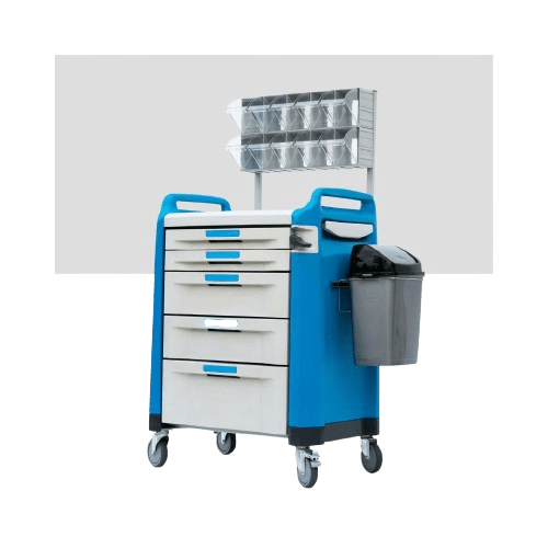 A blue and silver medical cart on wheels with five drawers and a small trash bin attached on the side. The cart has two handles and an upper rack with transparent compartments for organizing items.