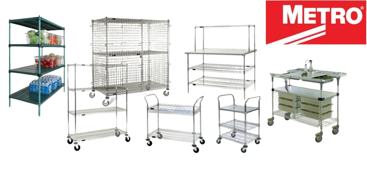 Explore our collection of MH USA metal storage and utility carts with wheels, featuring shelves with various designs. The Metro logo is prominently displayed in the top right corner, showcasing different models for versatile storage solutions.