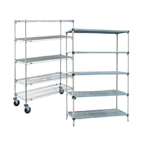 Two metal shelving units with multiple shelves. The left unit features wheels for mobility, and the right one is stationary. Both boast a simple, industrial design with evenly spaced wire shelves, showcasing the reliable craftsmanship of MH USA.
