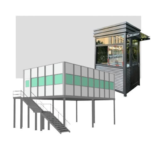 A digital collage showcases a modern building with stairs and a stylish guard booth, both boasting minimalist design. The composition subtly hints at strategic warehouse layout planning, ensuring efficient use of space while maintaining visual appeal.