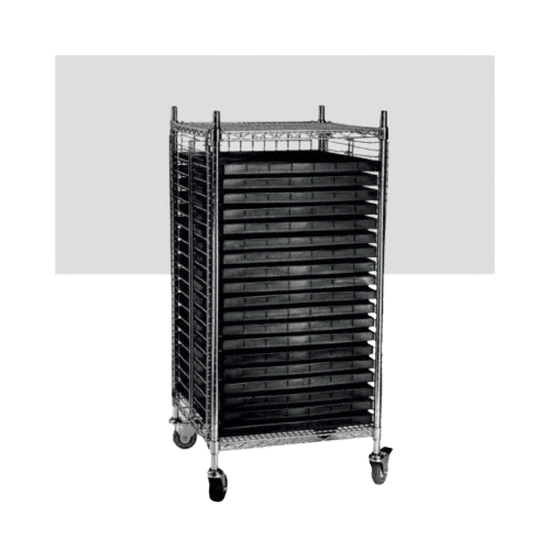 A metal storage cart with multiple black trays stacked vertically. The cart has four caster wheels for mobility. The background is transparent.