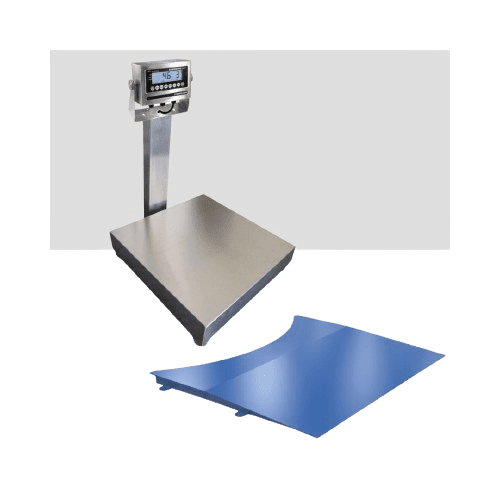 A digital weighing scale with a metal platform and a display screen is shown. The display reads 15.06. Nearby is a blue, flexible sheet. The background is plain and light gray.