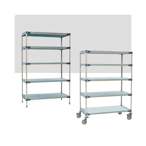 Two metal shelving units with multiple tiers, one taller than the other. Both units have wheels for mobility. The shelves are made of horizontal metal slats. The background is plain white.