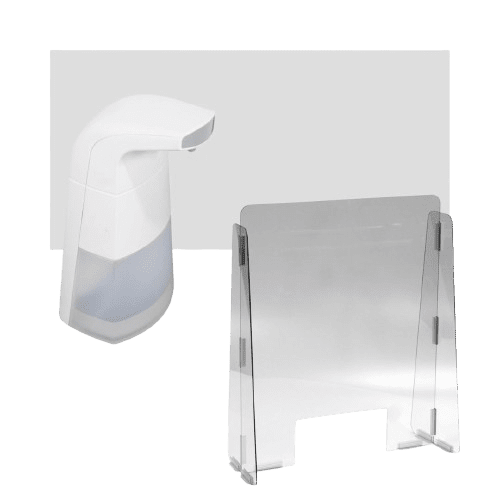 A white automatic hand sanitizer dispenser next to a clear acrylic sneeze guard with a rectangular shape. Both items are designed for hygiene and safety in public or shared spaces.