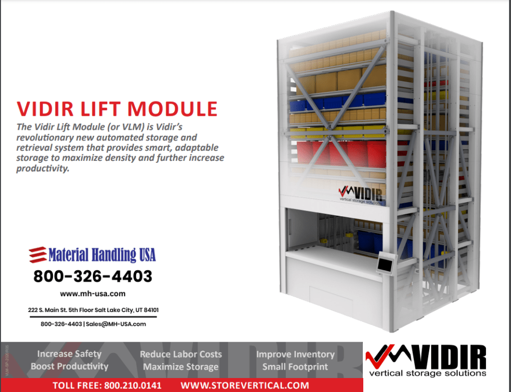 Image of a storage module advertisement featuring a Vidir Lift Module (VLM) with shelves and a mechanical system. The text highlights efficiency, adaptability, and productivity benefits. Discover more in the Material Handling Literature Gallery. Contact details for Material Handling USA are included.