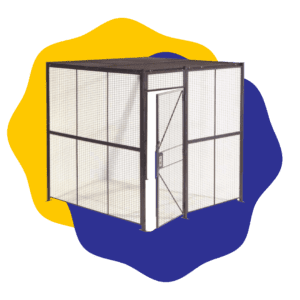 A metal wire mesh cage with a single door, set against a background of yellow and blue abstract shapes.