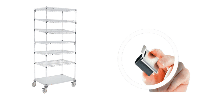 A metal rolling cart with Shelving EZ-ADD features multiple shelves on the left. On the right, a hand holds a small tape dispenser inside a white circle. The background is transparent.