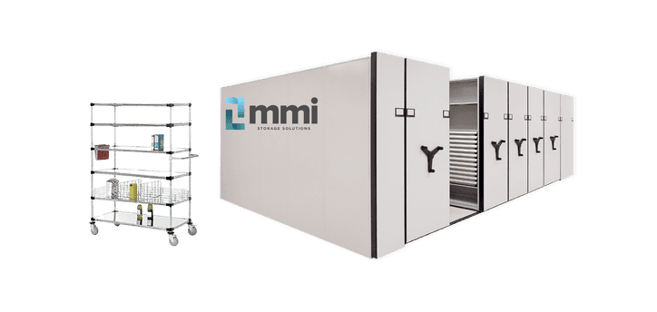 A mobile shelving unit on wheels stands adjacent to a large compact storage system with a white exterior. Featuring black handles and showcasing the mmi Storage Solutions logo, this versatile option is ideal for enhancing your stockroom solutions. The background remains transparent.