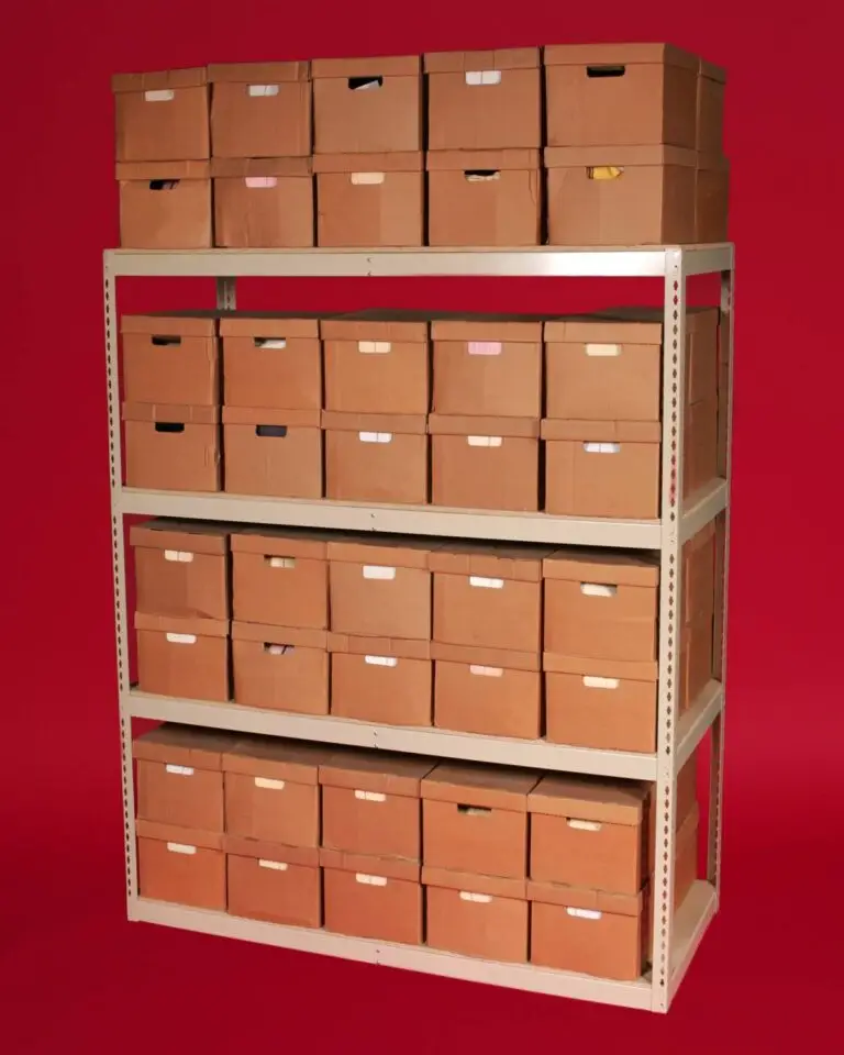A metal shelving unit offers efficient storage solutions with BASC, displaying several rows of identical brown cardboard boxes against a red background. The boxes are neatly arranged, some with visible gaps or folded edges, exemplifying organized simplicity.