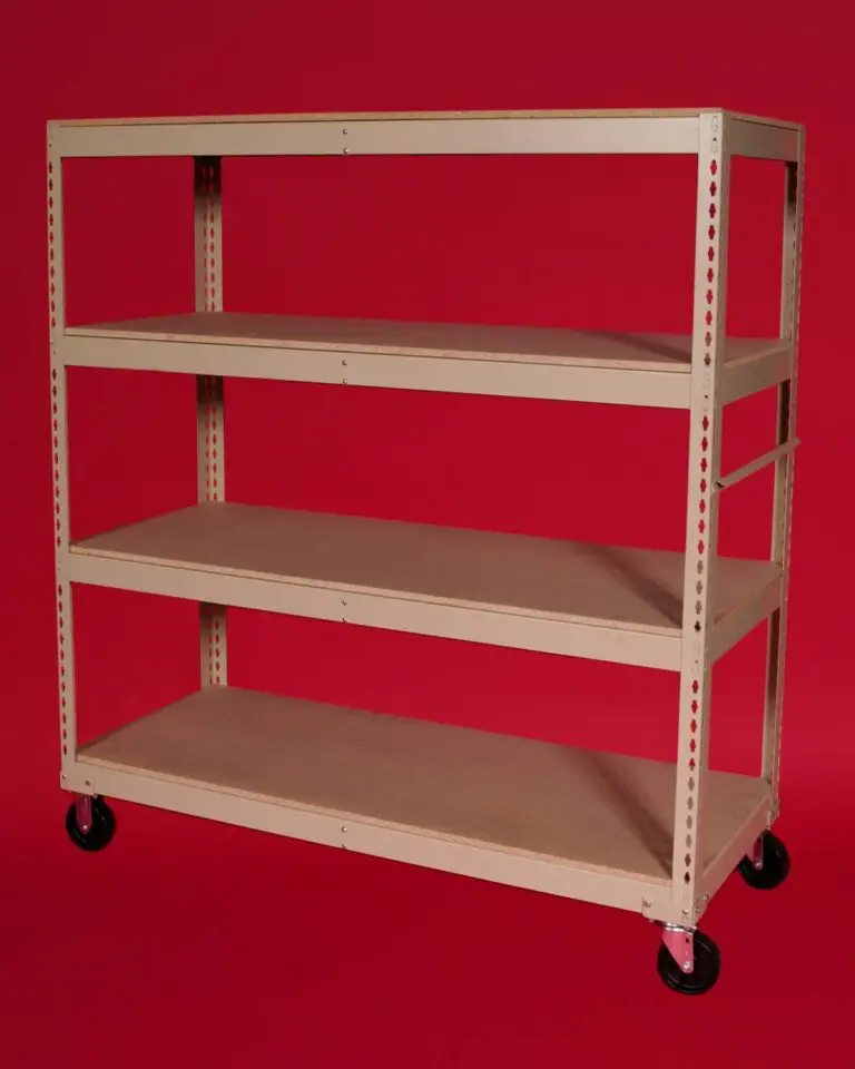 A beige metal shelving unit featuring four wooden shelves stands against a solid red backdrop. Part of our Storage Solutions with BASC, this unit includes four black caster wheels for easy mobility.