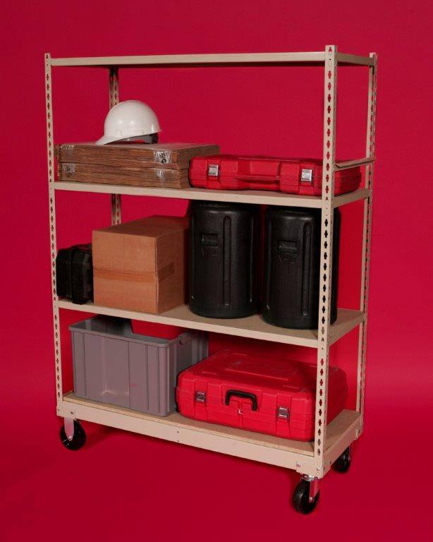 The beige metal shelf, part of our Storage Solutions with BASC, stands on wheels against a striking red backdrop. It elegantly organizes essentials like a white helmet, wooden and colored cases, a cardboard box, and a gray plastic bin.