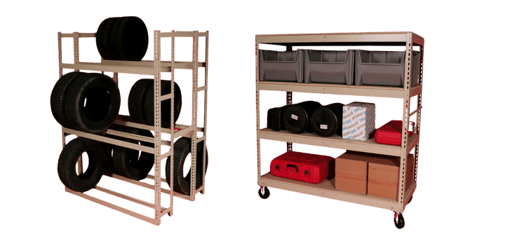 Discover Storage Solutions with BASC! Two metal storage racks on wheels offer an organized haven; the left one stacks tires neatly, while the right is filled with plastic bins, boxes, and even a red toolbox. With multiple shelves, everything finds its place effortlessly.