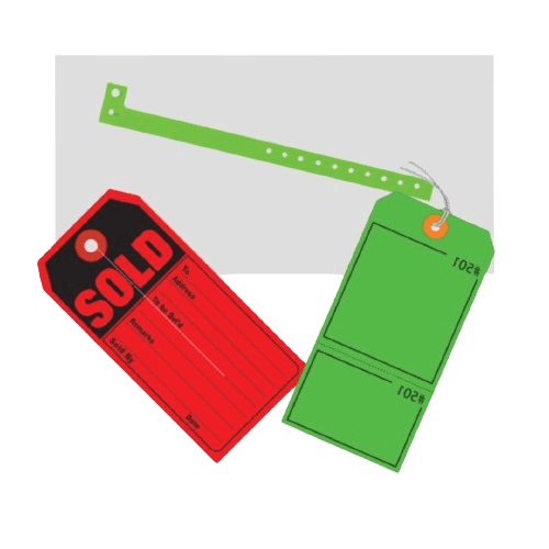 Three tags are shown: a red tag labeled SOLD with lines for details, a green wristband with hole perforations, and a green price tag with a string.