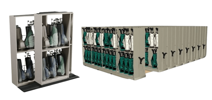 Two boot dryer racks are shown. The left, a smaller spacefile with two compartments, holds multiple boots. The right rack is larger and features multiple compartments, each holding boots. Both light gray racks efficiently organize black boots while offering mobile shelving convenience.