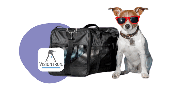 A dog wearing red sunglasses sits next to a black travel carrier, embodying the spirit of Traveling With Our Pets. The Visiontron logo, featuring a bird, appears on the left amid a backdrop adorned with a blue shape.