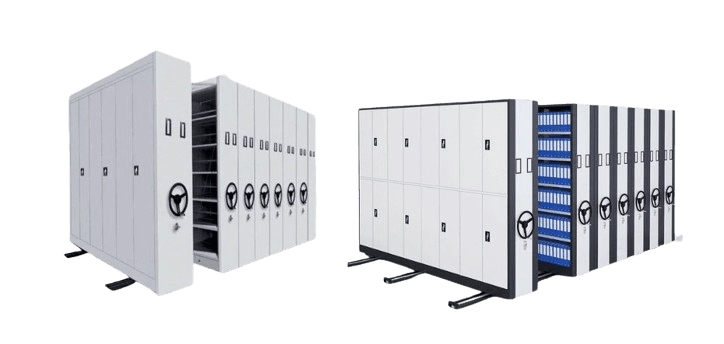 Two mobile storage cabinets with multiple sliding shelves hold neatly organized blue folders. These white units, with black handles and wheels for mobility, offer efficient storage. Their design optimizes space by allowing the cabinets to slide together, embodying smart storage solutions for mobile high density shelving