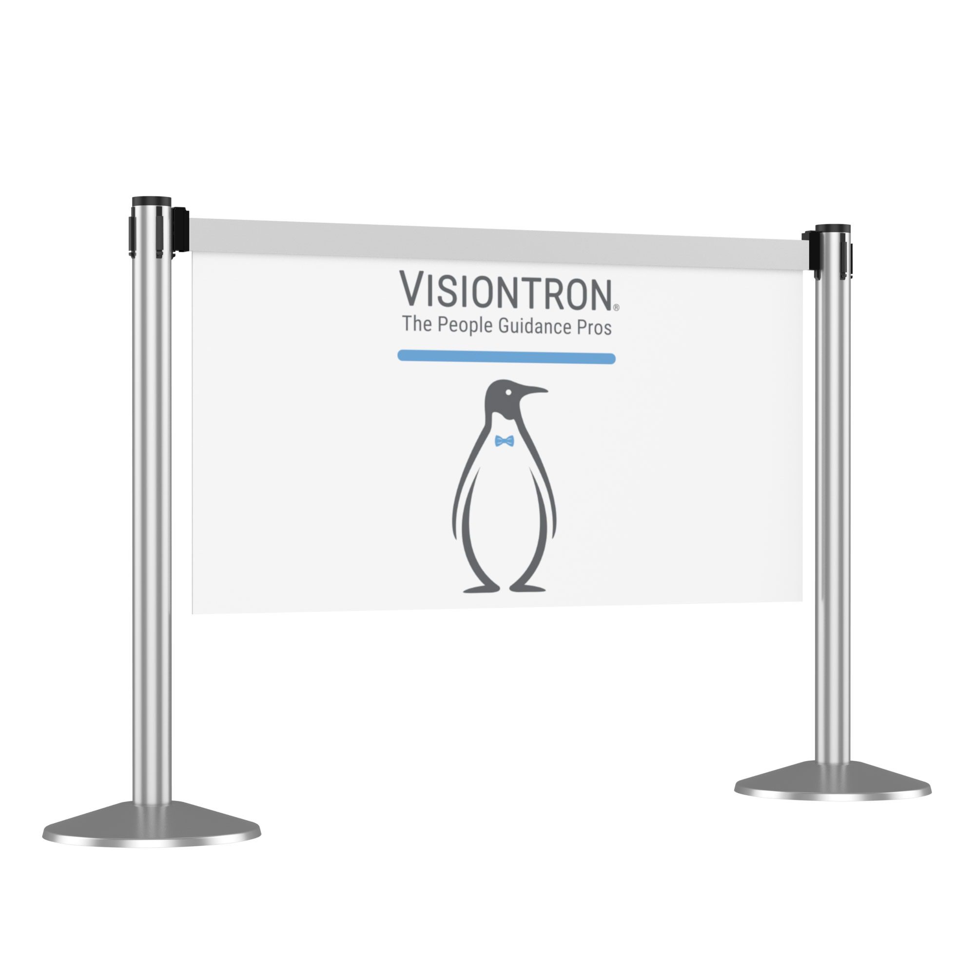 A barrier stand with two silver poles and a white banner showcasing a penguin icon sporting a blue bowtie. The text reads Visiontron and The People Guidance Pros, perfect for directing travelers, even those journeying with our beloved pets.