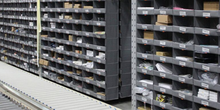 Shelving and conveyor in an optimized warehouse storage and distribution area