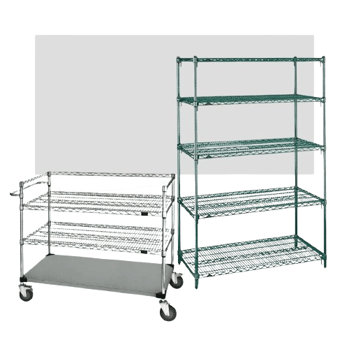 Two metal storage units; one is a multi-shelf rolling cart with wheels and a handle, while the other is a stationary five-tier shelving rack. Both have an open wire design.