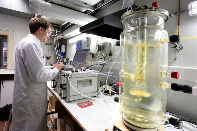 Scientist working with laboratory instrumentation in a newly designed lab space