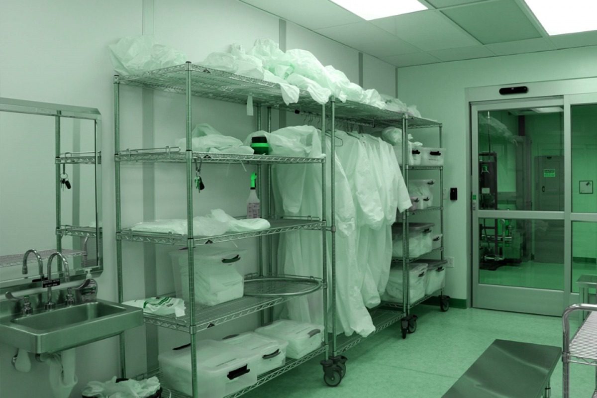 Gowning room with stainless casework and cleanroom supplies