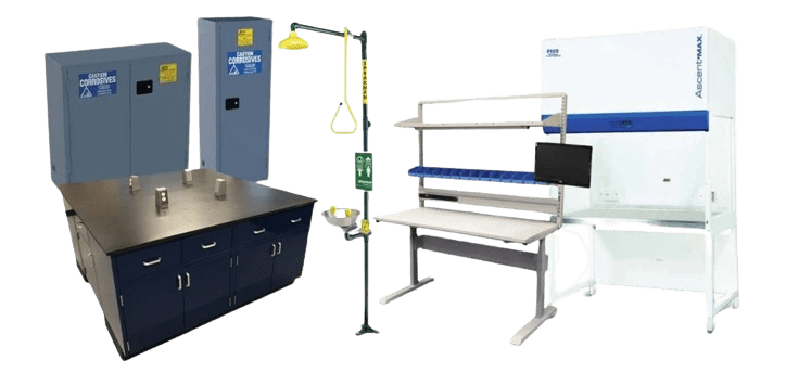 A well-designed lab setup showcasing cost-effective laboratory furniture, including a blue safety cabinet, metal lab table with storage, an emergency shower and eyewash station, an optimized workstation with shelves, and a white laboratory enclosure.