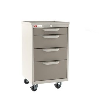 A gray and white metal filing cabinet with four drawers sits on four black swivel casters, perfect for storing Gowning Room Essentials efficiently.