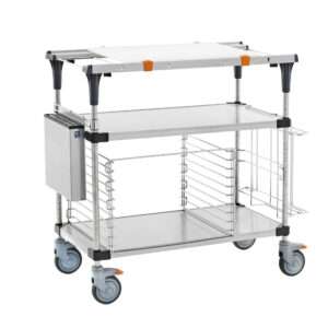 The Metro MS1836-FSFS-PK2 PrepMate MultiStation, with its 36 stainless steel top and bottom shelves supported by steel posts, sturdy handles, swiveling wheels, and side compartments, is ideal for efficient hospital or clinic operations.