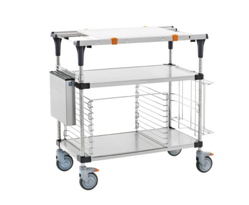 The Metro MS1836-FSFS-PK2 PrepMate MultiStation, with its 36 stainless steel top and bottom shelves supported by steel posts, sturdy handles, swiveling wheels, and side compartments, is ideal for efficient hospital or clinic operations.