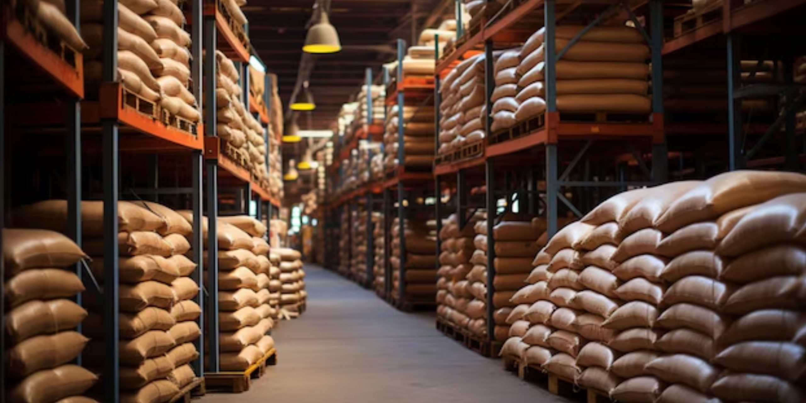 A large warehouse with tall shelves stacked with brown sacks is a prime example of agricultural storage solutions. The aisle is neatly organized, with the sacks uniformly arranged. Overhead lighting brightens the spacious area, highlighting the industrial setting.