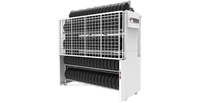 An automated tire storage system with multiple vertical shelves neatly stacked with black tires. The structure is enclosed by a white metal grid, proudly displaying the Vidir logo on the upper right side. The background remains transparent for a sleek look.