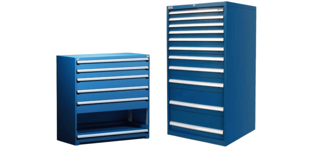 Two blue metal storage cabinets feature automotive modular drawers. The cabinet on the left is shorter with five drawers and an open bottom shelf, while the taller one on the right boasts ten drawers of varying sizes. Both have sleek silver handles for a modern touch.
