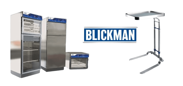 Commercial stainless steel medical storage cabinets and an instrument table stand proudly featuring the Blickman logo on a pristine white background.