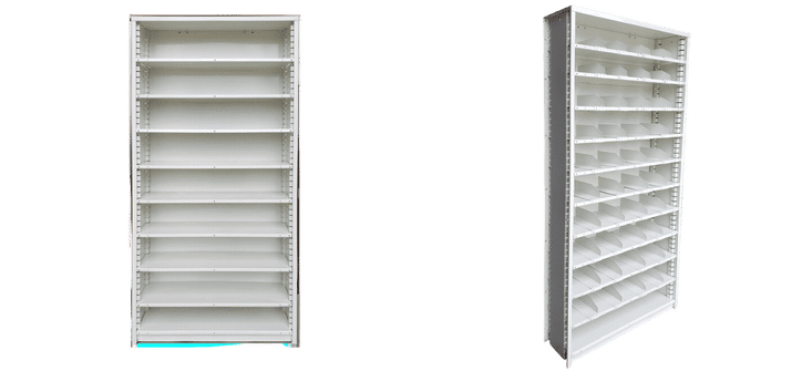 Two views of a tall, white shelving unit. The left shows empty, evenly spaced shelves, while the right offers an angled perspective revealing Borroughs Flexi-Bins, showcasing divided compartments on each shelf for enhanced organization.