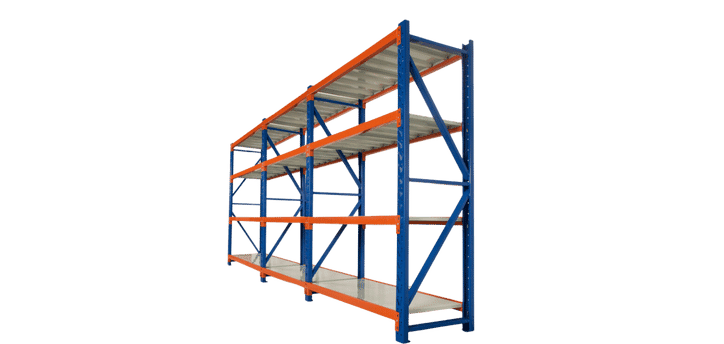 A large blue and orange Burroughs shelving unit with multiple levels for storage is displayed against a white background, showcasing its industrial design.