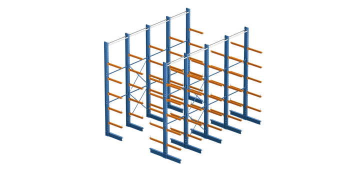 Illustration of a cantilever racking system with vibrant blue vertical columns and striking orange horizontal arms, crafted for storing long items like pipes or lumber. Ideal for those seeking cantilever rack images that highlight functional industrial design.