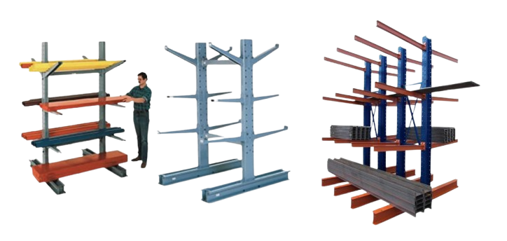 Three cantilever racks shown: one with red beams and yellow shelf plates, another in blue with silver vertical supports, and the third with orange and blue arms holding steel beams. A person adjusts the first rack.