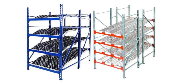 Two industrial storage racks, one blue and one green, stand side by side, designed for efficient carton flow in liquor distribution. The blue rack holds black trays, while the green features metal shelves with red and orange accents. Both showcase slanted shelf designs for optimal organization.