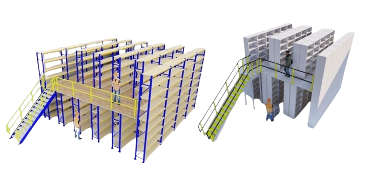 Illustration of industrial shelving units with blue and yellow railings. Two multi-tiered systems, connected by a staircase, are shown alongside figures to demonstrate scale and accessibility. This setup highlights the benefits of catwalk shelving systems in improving your bottom line.