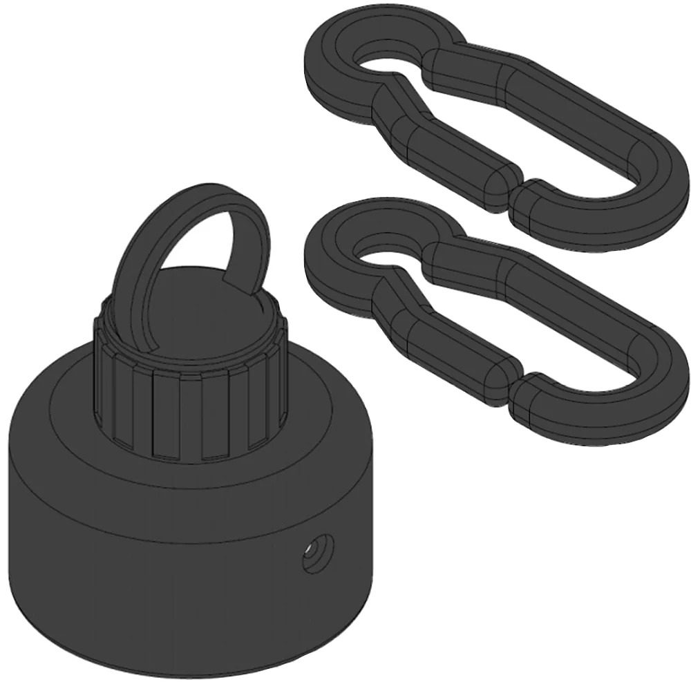 Illustration of a black screw-on bottle cap with a built-in ring, next to two black carabiner clips. The cap is round and has textured grips on the sides. Designed to enhance workplace safety, the carabiners are oval-shaped with spring-loaded gates for secure attachment.