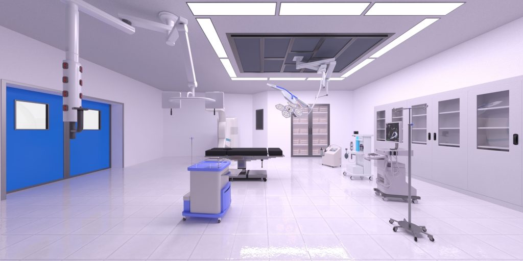A modern, clean operating room with white walls and tiled floors showcases a surgical bed, overhead lights, and blue double doors. Featuring medical equipment on carts and storage cabinets, the space evokes a pristine atmosphere reminiscent of cleanroom images.