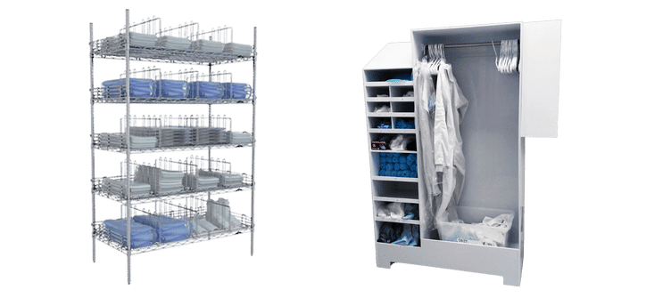 A metal storage rack on the left holds stacked folded blue and gray textiles, perfect for maintaining cleanrooms. On the right, a white locker opens to reveal hanging white garments and neatly arranged shelves with blue items. Both are set against a plain background, offering pristine organization.