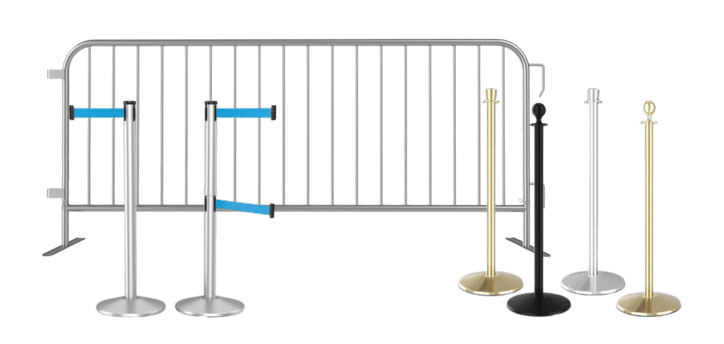 A variety of crowd control barriers and stanchions ideal for political rallies and events. The image features a metal fence barrier, two silver posts with blue retractable belts, and four stanchions in silver, black, and gold with ropes.