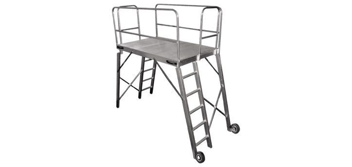 Aluminum work platform with safety railings and an attached ladder, designed like a custom marching band platform. It features wheels for easy mobility and provides a stable, elevated surface, perfect for reaching higher areas in industrial or construction environments.