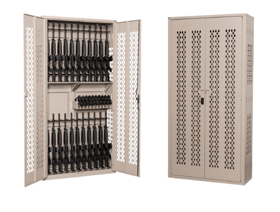 Two beige metal gun cabinets are shown. One opens to reveal rifles and handguns neatly organized inside, exemplifying top-tier weapons storage solutions. The other remains closed, featuring a perforated pattern for ventilation. Both exude a sturdy, secure appearance.