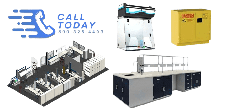 Composite image featuring a Call Today graphic with a phone number, showcasing a 3D layout of a laboratory or office adorned with desks and partitions. The scene includes a fume hood, yellow flammable storage cabinet, and lab bench equipped with sinks and storage solutions.