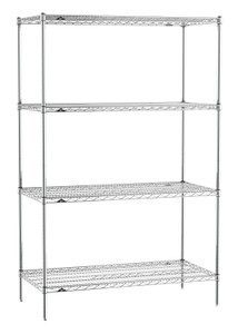 A metal wire shelving unit with four shelves against a white background stands ready as an essential part of supermarket solutions. The shelves are supported by four vertical metal rods, ensuring a sturdy structure for efficient storage or display.